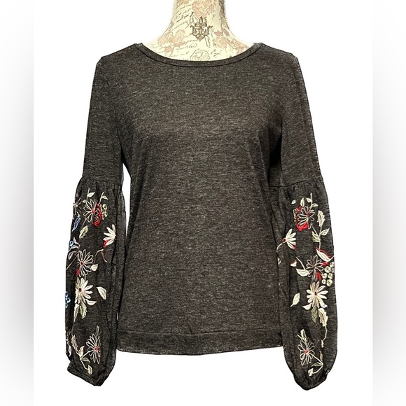 🛍️HARLOW & ROSE Gray embroidered balloon sleeve blouse size S. - Picture 1 of 12